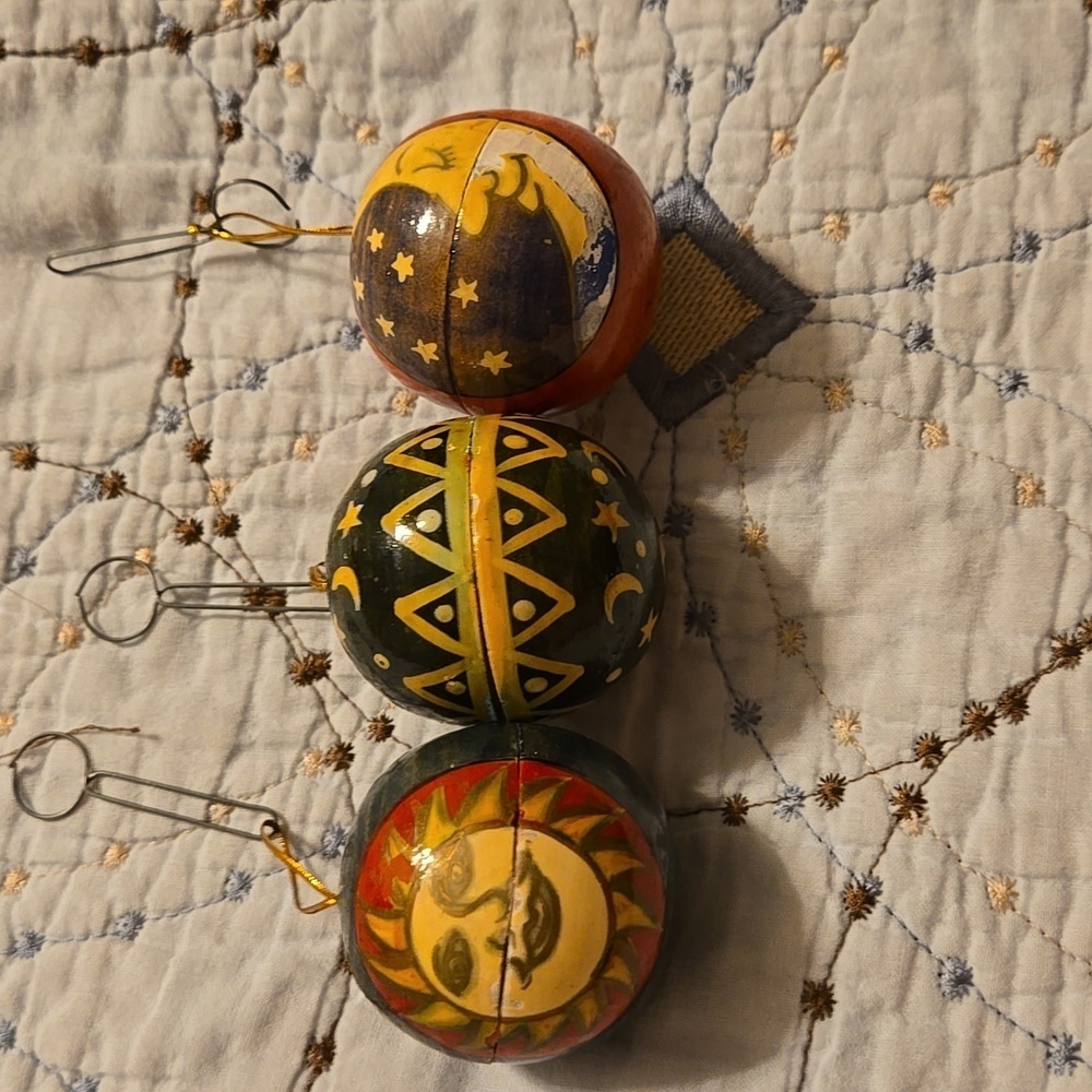 Vintage Chippy Painted Wooden Ornaments Set of 3